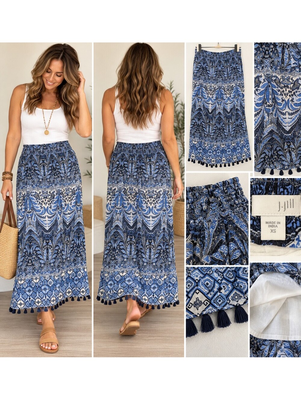 J.Jill XS Blue Paisley Boho Maxi Skirt Smocked Waist Tassel Hem